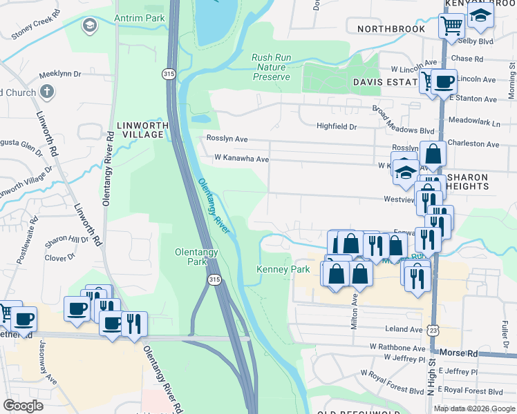 map of restaurants, bars, coffee shops, grocery stores, and more near 5255 Riverside Drive in Columbus