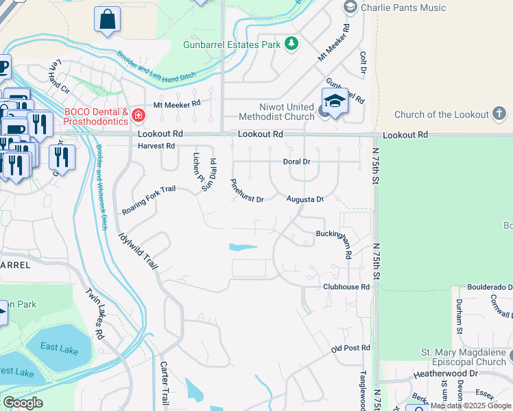 map of restaurants, bars, coffee shops, grocery stores, and more near 5225 Pinehurst Drive in Boulder