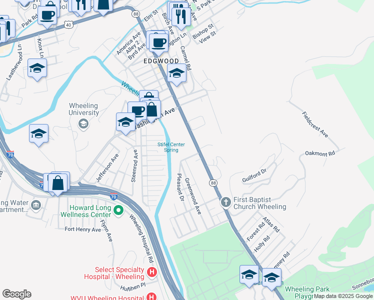 map of restaurants, bars, coffee shops, grocery stores, and more near 1330 National Road in Wheeling
