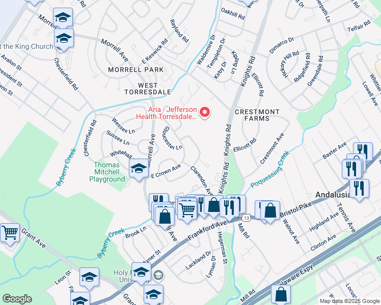 map of restaurants, bars, coffee shops, grocery stores, and more near 3621 East Crown Avenue in Philadelphia