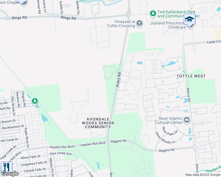 map of restaurants, bars, coffee shops, grocery stores, and more near 5245 Avery Road in Dublin