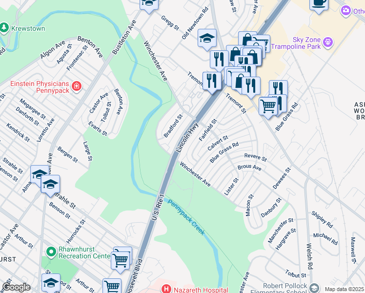 map of restaurants, bars, coffee shops, grocery stores, and more near 7645 East Roosevelt Boulevard in Philadelphia