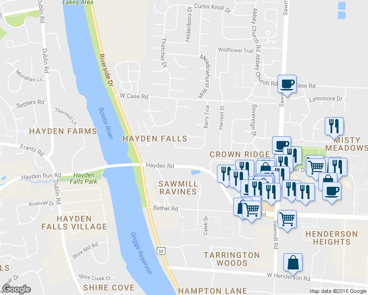 map of restaurants, bars, coffee shops, grocery stores, and more near 3134 Dartford Trce in Dublin