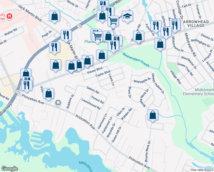 map of restaurants, bars, coffee shops, grocery stores, and more near 117 Timothy Street in Brick Township