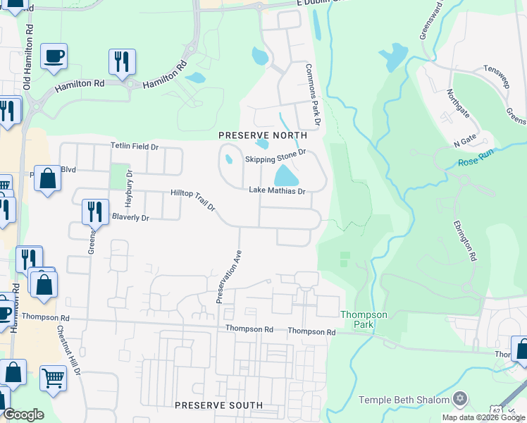 map of restaurants, bars, coffee shops, grocery stores, and more near 6385 Summers Nook Drive in New Albany