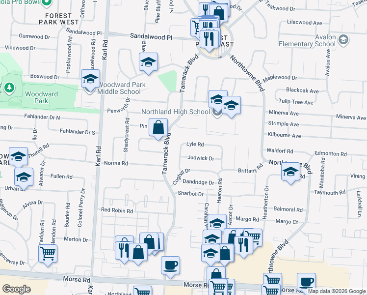 map of restaurants, bars, coffee shops, grocery stores, and more near 4974 Lyle Road in Columbus
