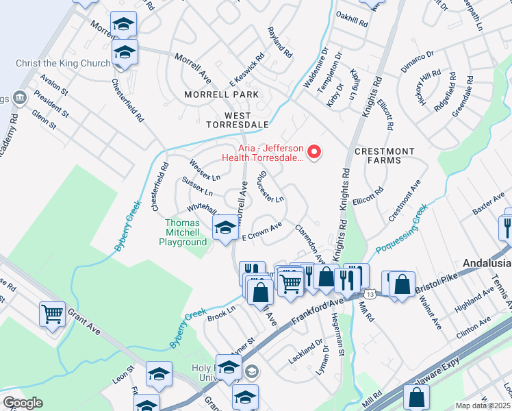 map of restaurants, bars, coffee shops, grocery stores, and more near 3633 Morrell Circle in Philadelphia