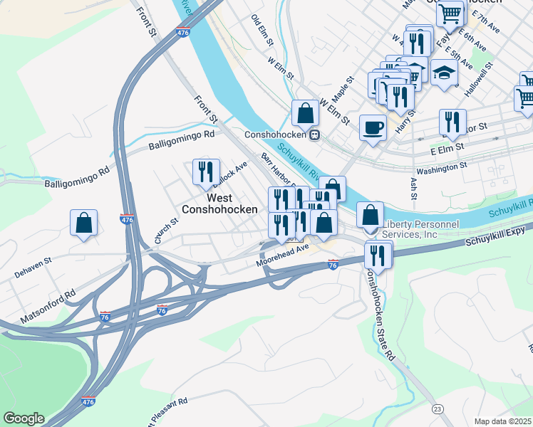 map of restaurants, bars, coffee shops, grocery stores, and more near 19 Merion Avenue in Conshohocken