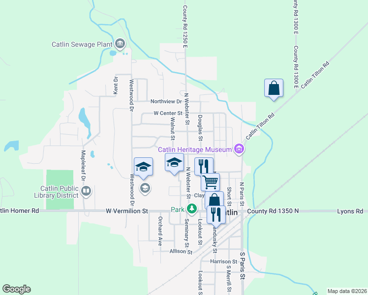 map of restaurants, bars, coffee shops, grocery stores, and more near 404-410 Walnut Street in Catlin
