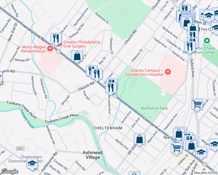 map of restaurants, bars, coffee shops, grocery stores, and more near 103 Township Line Road in Rockledge