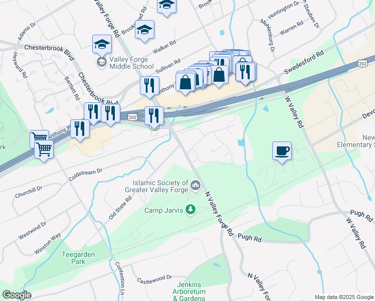 map of restaurants, bars, coffee shops, grocery stores, and more near 25 Old Forge Crossing in Devon