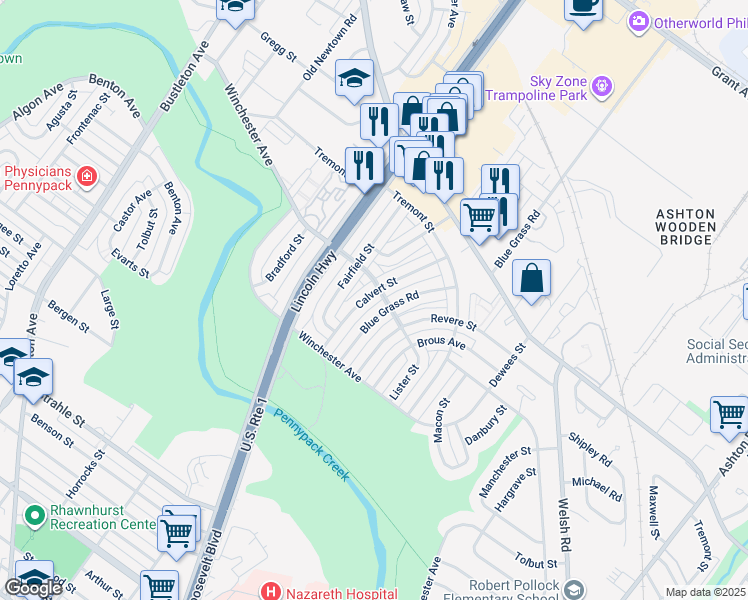 map of restaurants, bars, coffee shops, grocery stores, and more near 8853 Calvert Street in Philadelphia