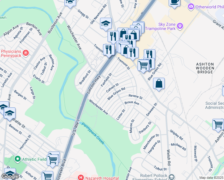 map of restaurants, bars, coffee shops, grocery stores, and more near 8853 Calvert Street in Philadelphia