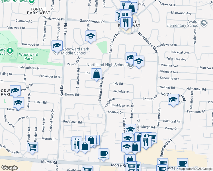 map of restaurants, bars, coffee shops, grocery stores, and more near 4974 Lyle Road in Columbus