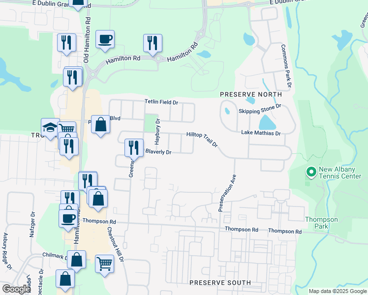 map of restaurants, bars, coffee shops, grocery stores, and more near 4394 Pantonbury Street in New Albany