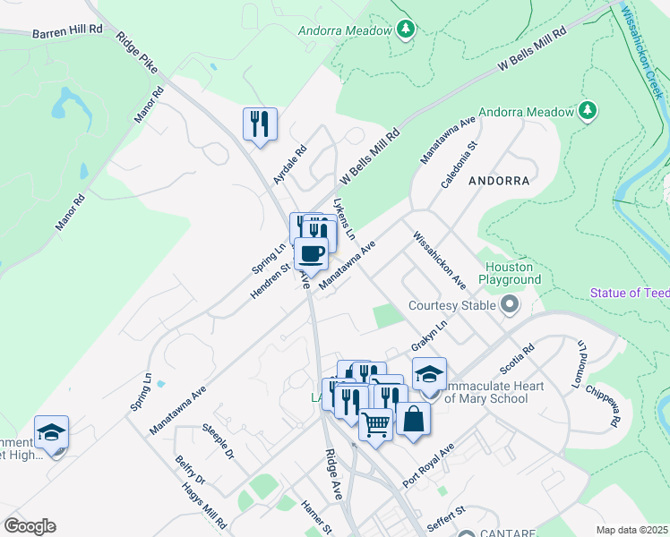map of restaurants, bars, coffee shops, grocery stores, and more near 830 Manatawna Avenue in Philadelphia