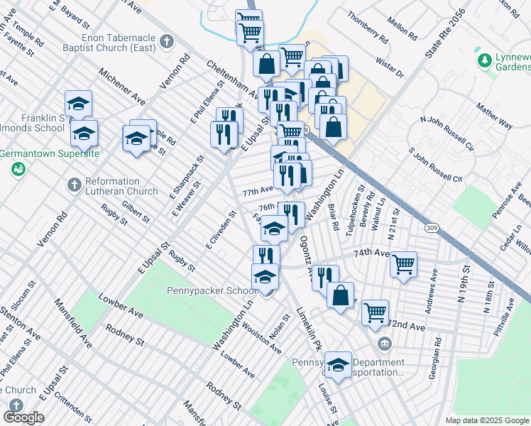 map of restaurants, bars, coffee shops, grocery stores, and more near 2456 76th Avenue in Philadelphia