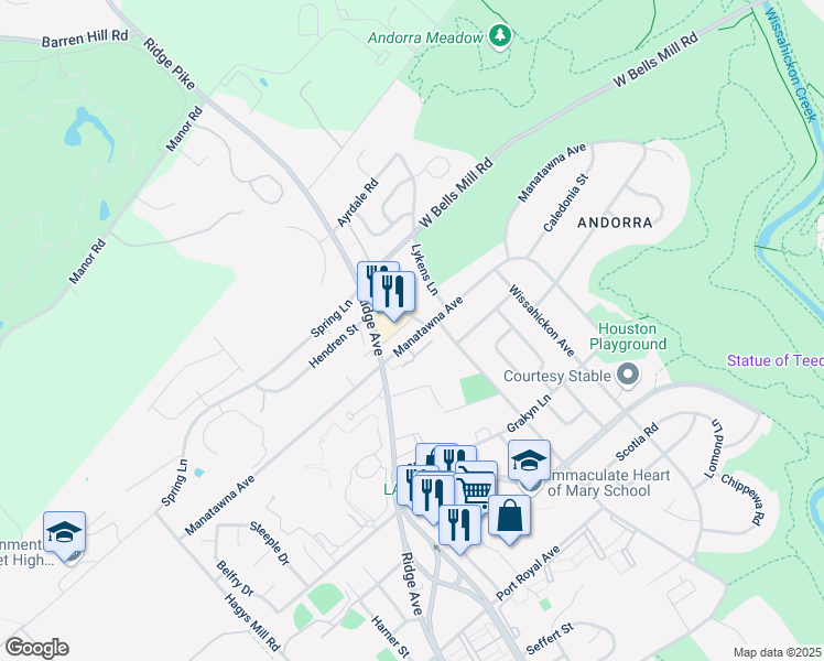 map of restaurants, bars, coffee shops, grocery stores, and more near 830 Manatawna Avenue in Philadelphia