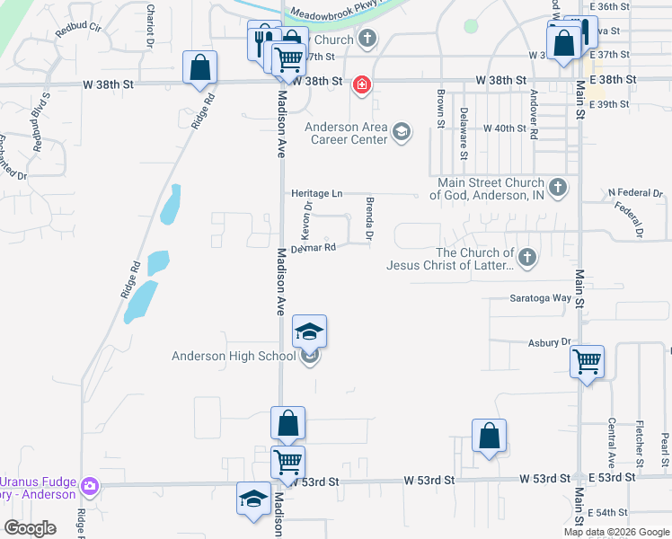 map of restaurants, bars, coffee shops, grocery stores, and more near 4518 Madison Avenue in Anderson