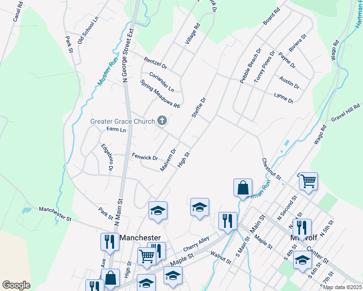 map of restaurants, bars, coffee shops, grocery stores, and more near 126 Malvern Drive in Manchester