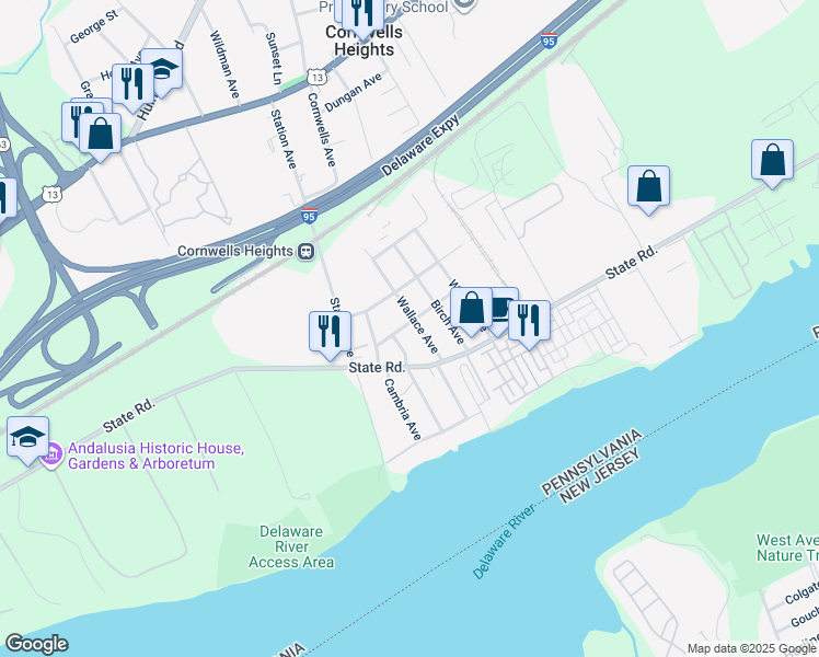map of restaurants, bars, coffee shops, grocery stores, and more near 2115 Maryland Avenue in Bensalem