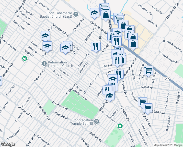 map of restaurants, bars, coffee shops, grocery stores, and more near 7624 Williams Avenue in Philadelphia