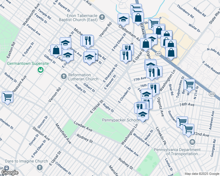 map of restaurants, bars, coffee shops, grocery stores, and more near 1325 East Upsal Street in Philadelphia