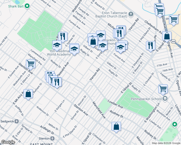 map of restaurants, bars, coffee shops, grocery stores, and more near 1064 East Gorgas Lane in Philadelphia