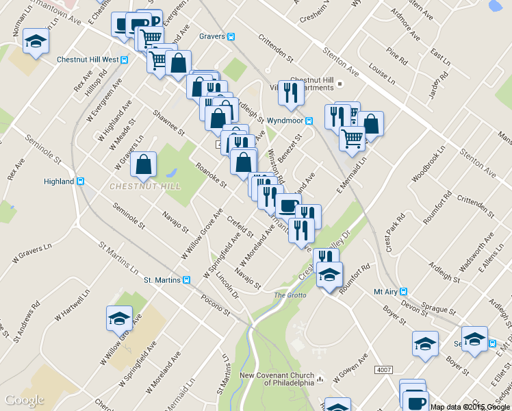 map of restaurants, bars, coffee shops, grocery stores, and more near 7833 Germantown Avenue in Philadelphia