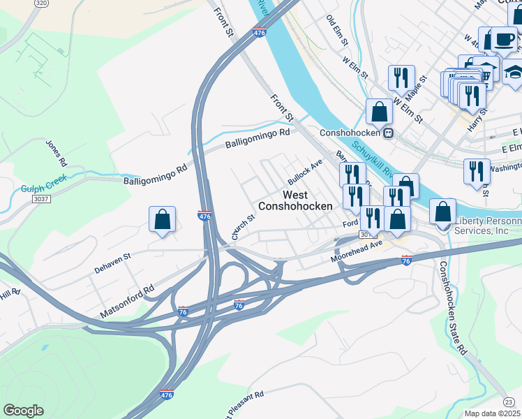 map of restaurants, bars, coffee shops, grocery stores, and more near 521 Bullock Avenue in Conshohocken