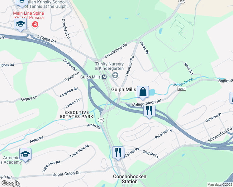 map of restaurants, bars, coffee shops, grocery stores, and more near in Gulph Mills