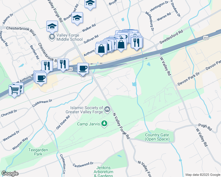 map of restaurants, bars, coffee shops, grocery stores, and more near 298 Old Forge Crossing in Devon
