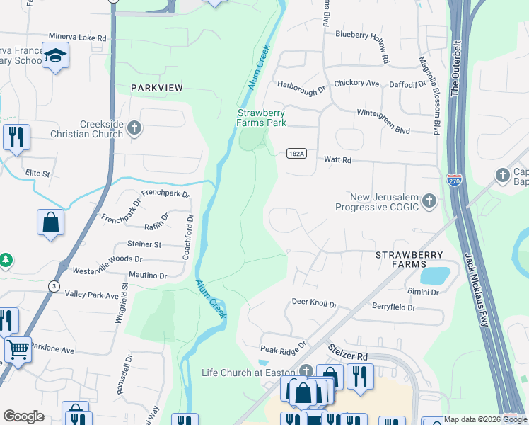 map of restaurants, bars, coffee shops, grocery stores, and more near 3744 Dolomite Drive in Columbus
