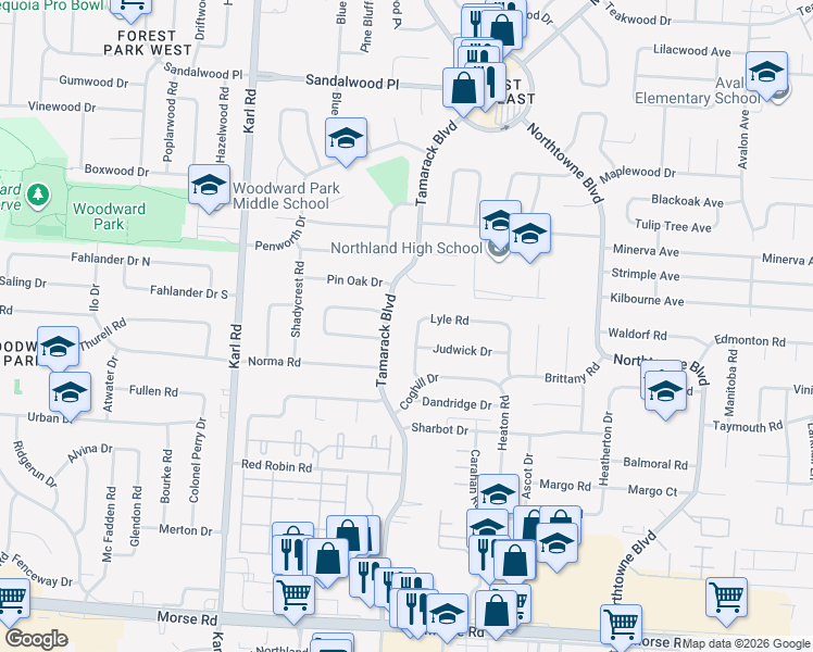 map of restaurants, bars, coffee shops, grocery stores, and more near 4974 Lyle Road in Columbus