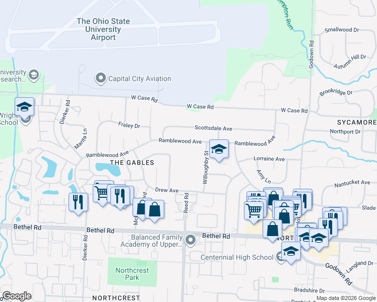 map of restaurants, bars, coffee shops, grocery stores, and more near 1751 Ramblewood Avenue in Columbus