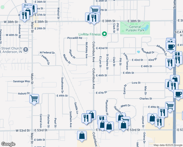 map of restaurants, bars, coffee shops, grocery stores, and more near 4529 Columbus Avenue in Anderson