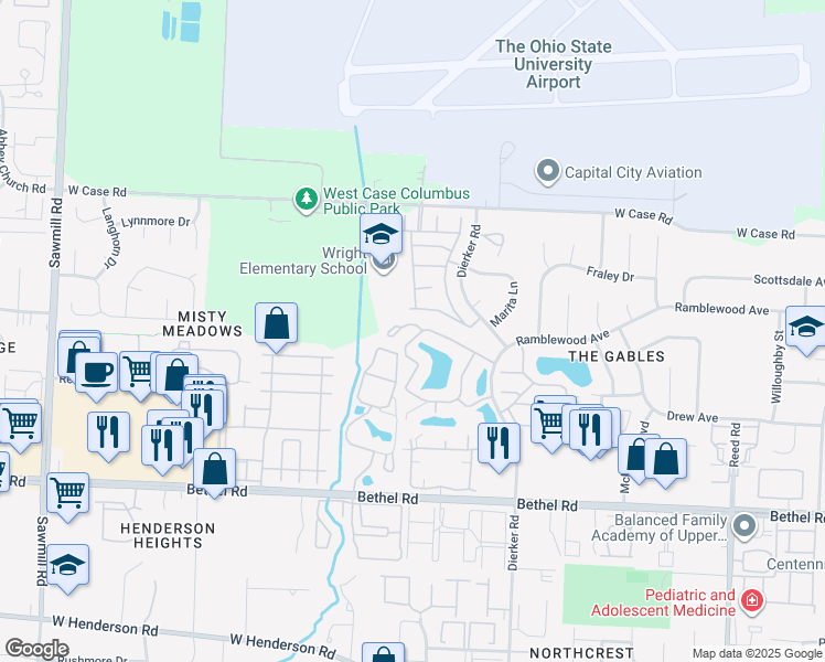 map of restaurants, bars, coffee shops, grocery stores, and more near 2338 Antigua Drive in Columbus