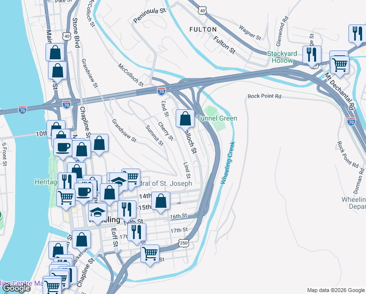 map of restaurants, bars, coffee shops, grocery stores, and more near 1115 Lane H Street in Wheeling