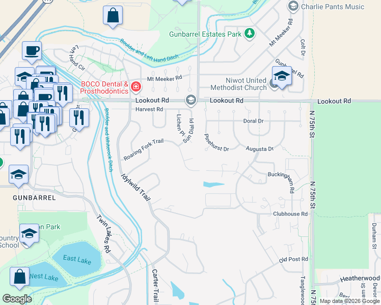map of restaurants, bars, coffee shops, grocery stores, and more near 7035 Yampa Court in Boulder