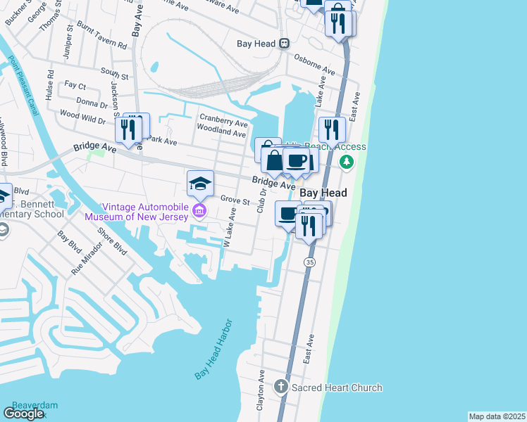 map of restaurants, bars, coffee shops, grocery stores, and more near 503 Club Drive in Bay Head
