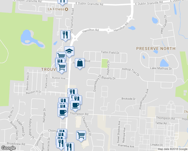 map of restaurants, bars, coffee shops, grocery stores, and more near 5989 Blaverly Drive in New Albany