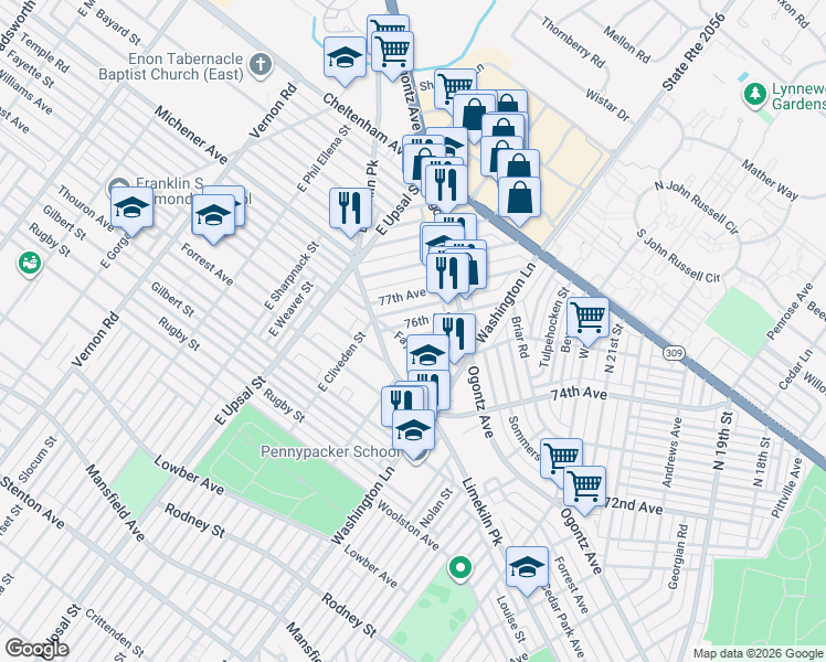 map of restaurants, bars, coffee shops, grocery stores, and more near 2456 76th Avenue in Philadelphia