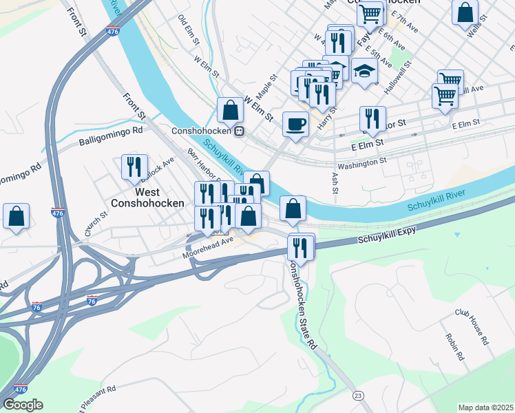 map of restaurants, bars, coffee shops, grocery stores, and more near 200 Barr Harbor Drive in Conshohocken