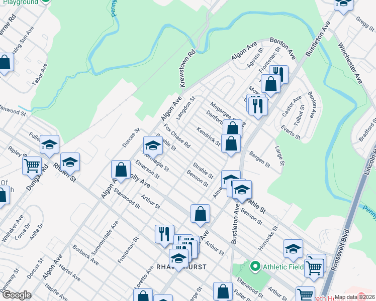map of restaurants, bars, coffee shops, grocery stores, and more near 1722 Fox Chase Road in Philadelphia
