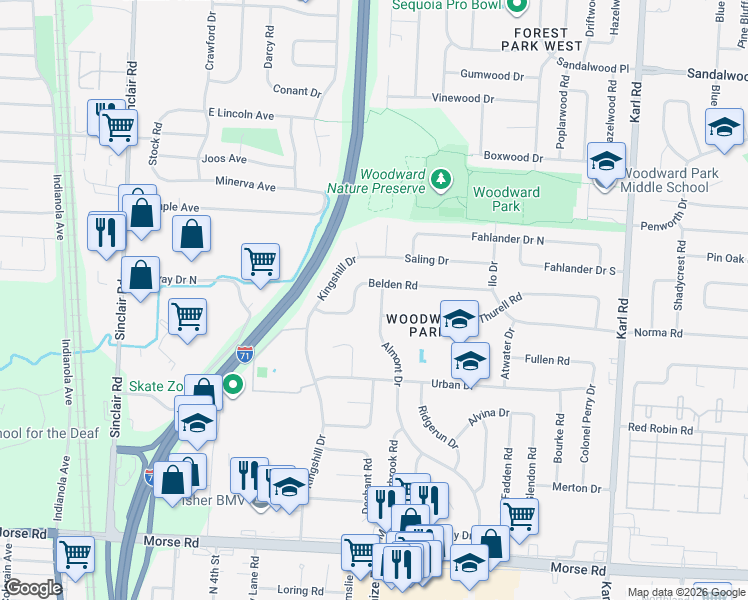 map of restaurants, bars, coffee shops, grocery stores, and more near 5065 Almont Dr in Columbus