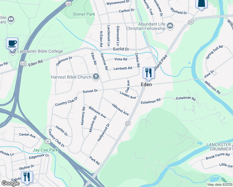 map of restaurants, bars, coffee shops, grocery stores, and more near 1568 Linden Ave in Lancaster