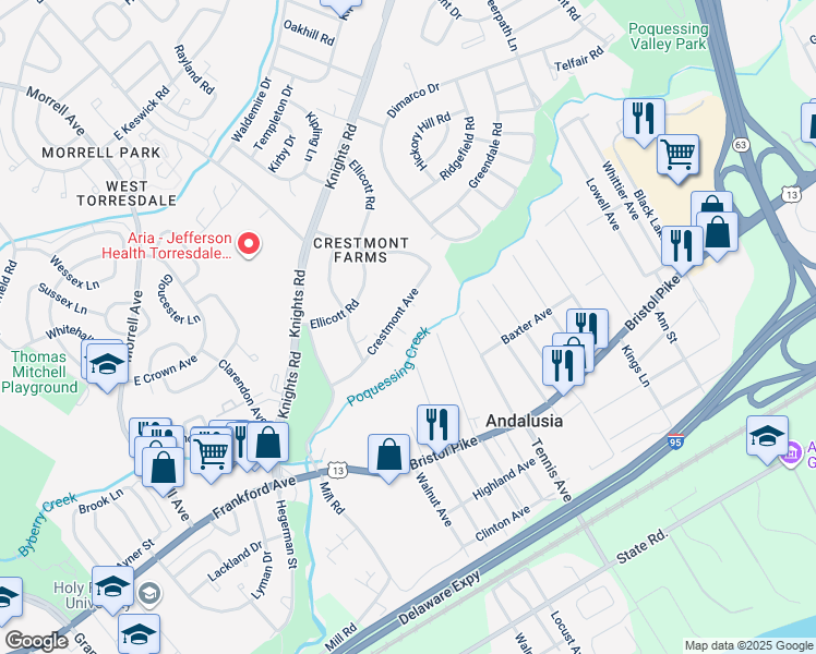 map of restaurants, bars, coffee shops, grocery stores, and more near 10845 Crestmont Avenue in Philadelphia