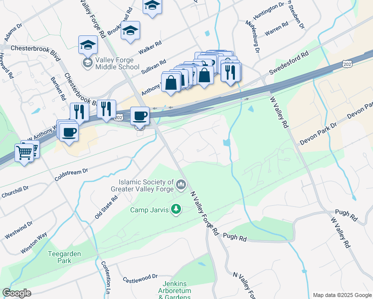 map of restaurants, bars, coffee shops, grocery stores, and more near 297 Old Forge Crossing in Devon