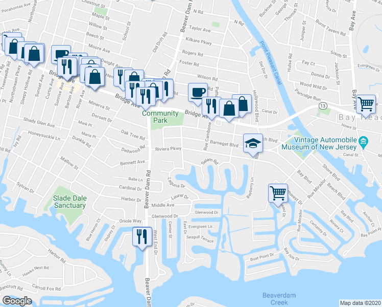 map of restaurants, bars, coffee shops, grocery stores, and more near 2206 Riviera Parkway in Point Pleasant