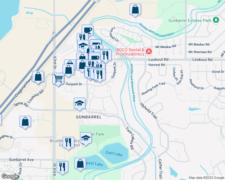 map of restaurants, bars, coffee shops, grocery stores, and more near 6630 Gunpark Drive in Boulder